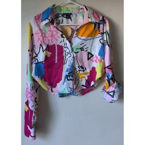 Tread Story Women's Cropped Button Top Collared Graffiti Print White Size XL NWT